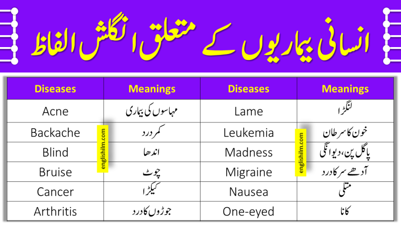 List of Diseases in Humans In English To Urdu | Disease Vocabulary