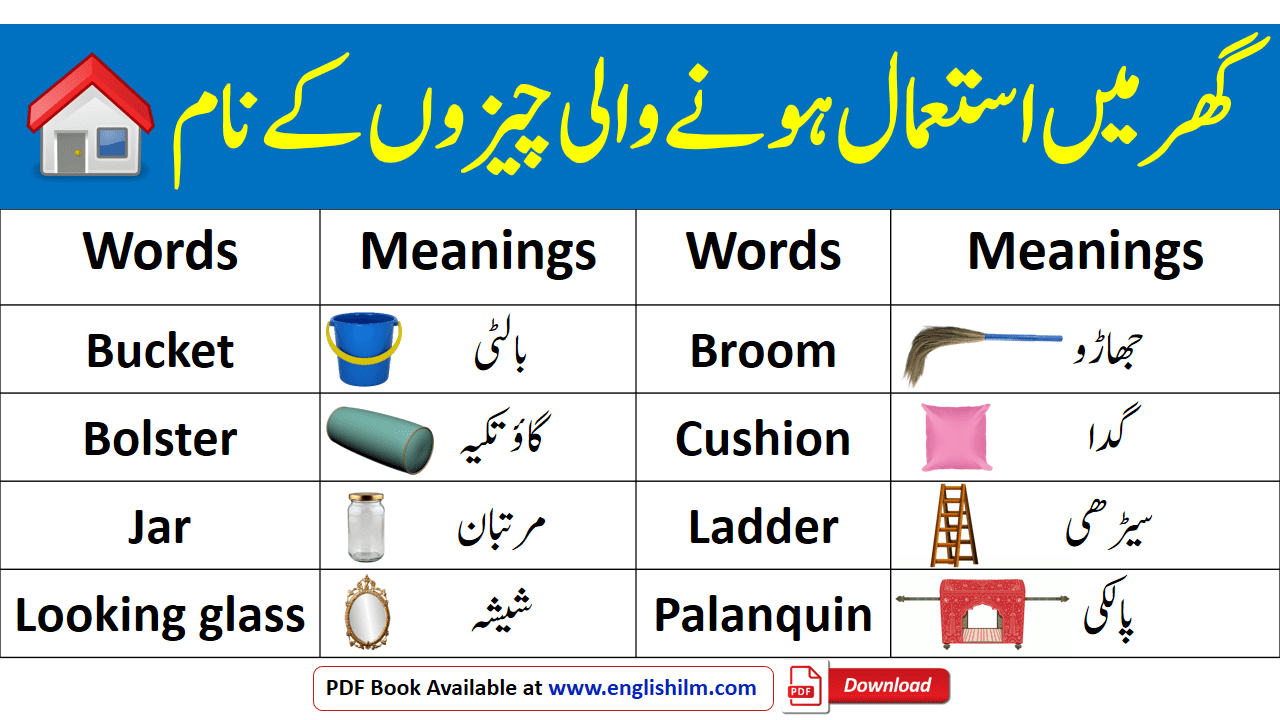 Household Items Vocabulary In English With Meanings In Urdu