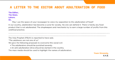 A Letter To The Editor About Adulteration of Food