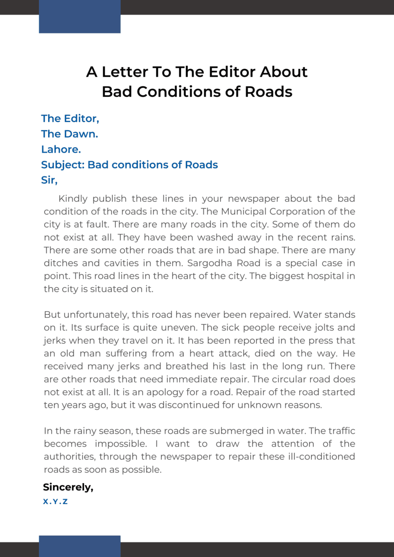 A Letter To The Editor About Bad Conditions of Roads • Englishilm