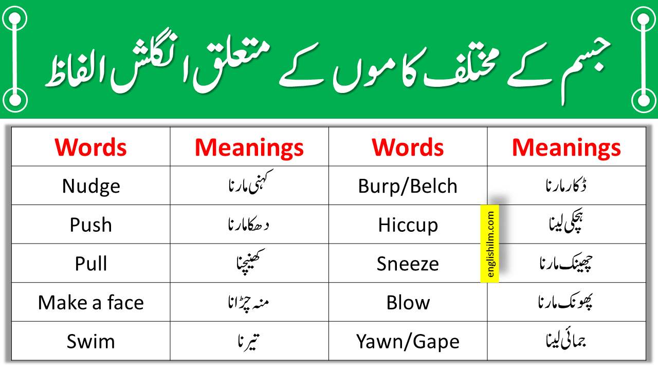 Body Actions And Movements Vocabulary With Urdu Meanings