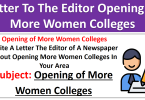 A Letter To Editor Of a Newspaper For Opening Women Colleges