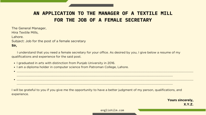 Solved Job Application For Female Secretary To The Manager of Mills