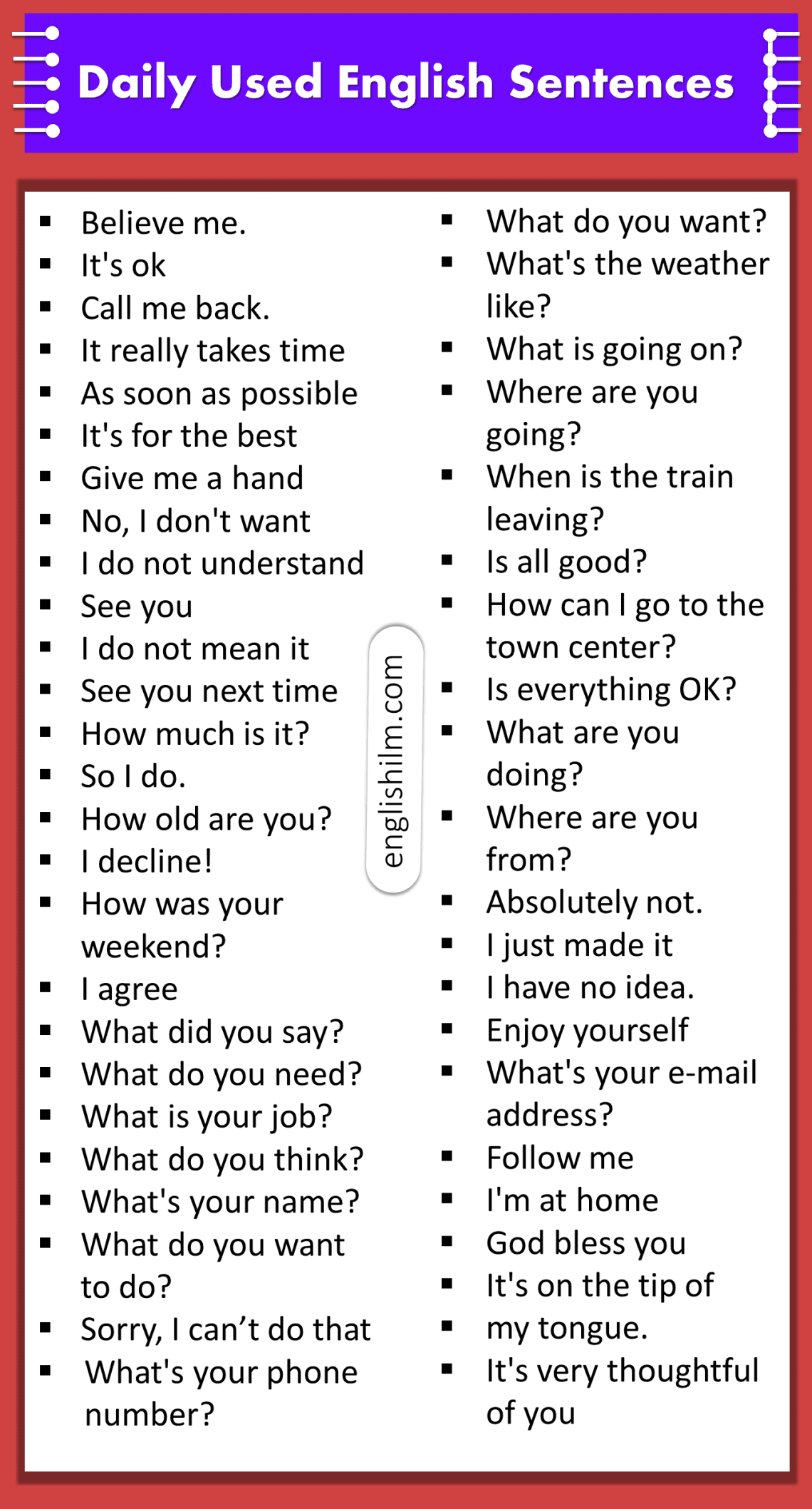 Daily Used English Sentences | Short Sentences In English