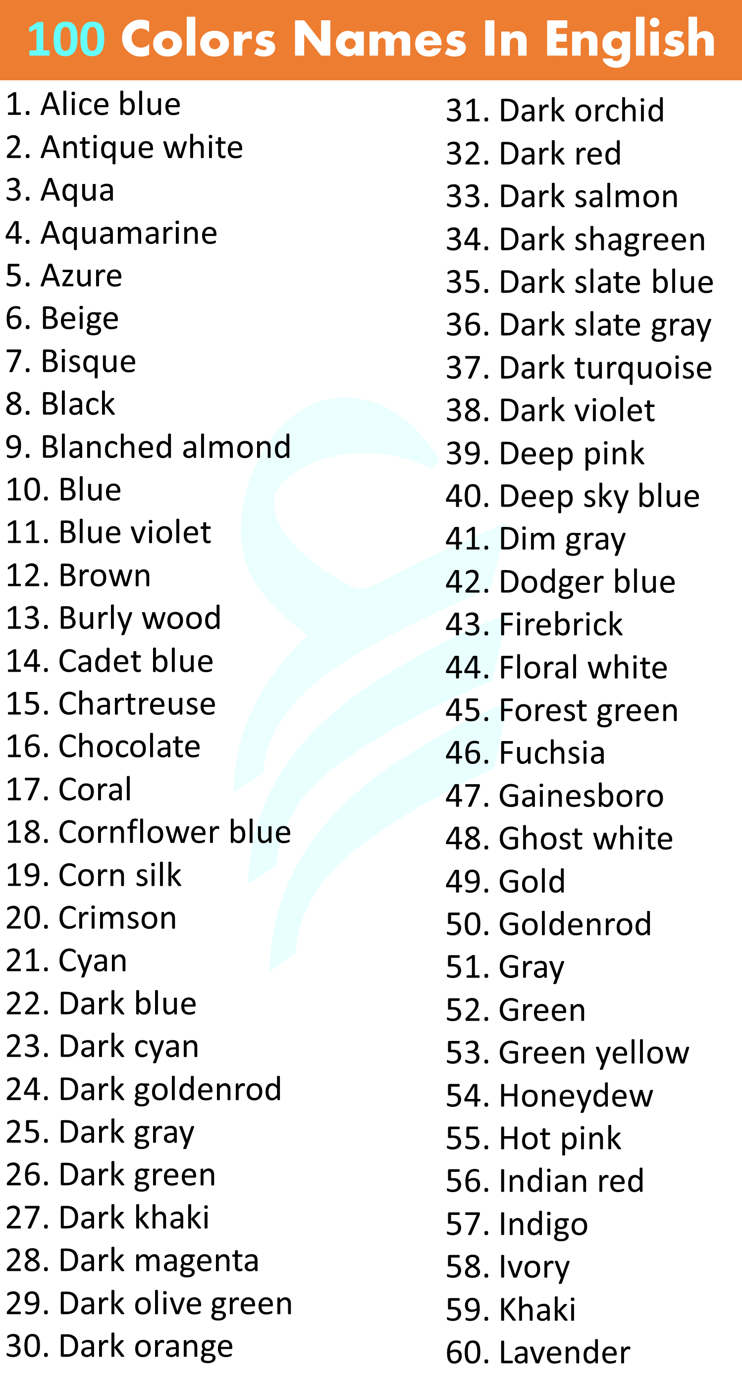 100 Colors Names In English | A To Z Colors Names List