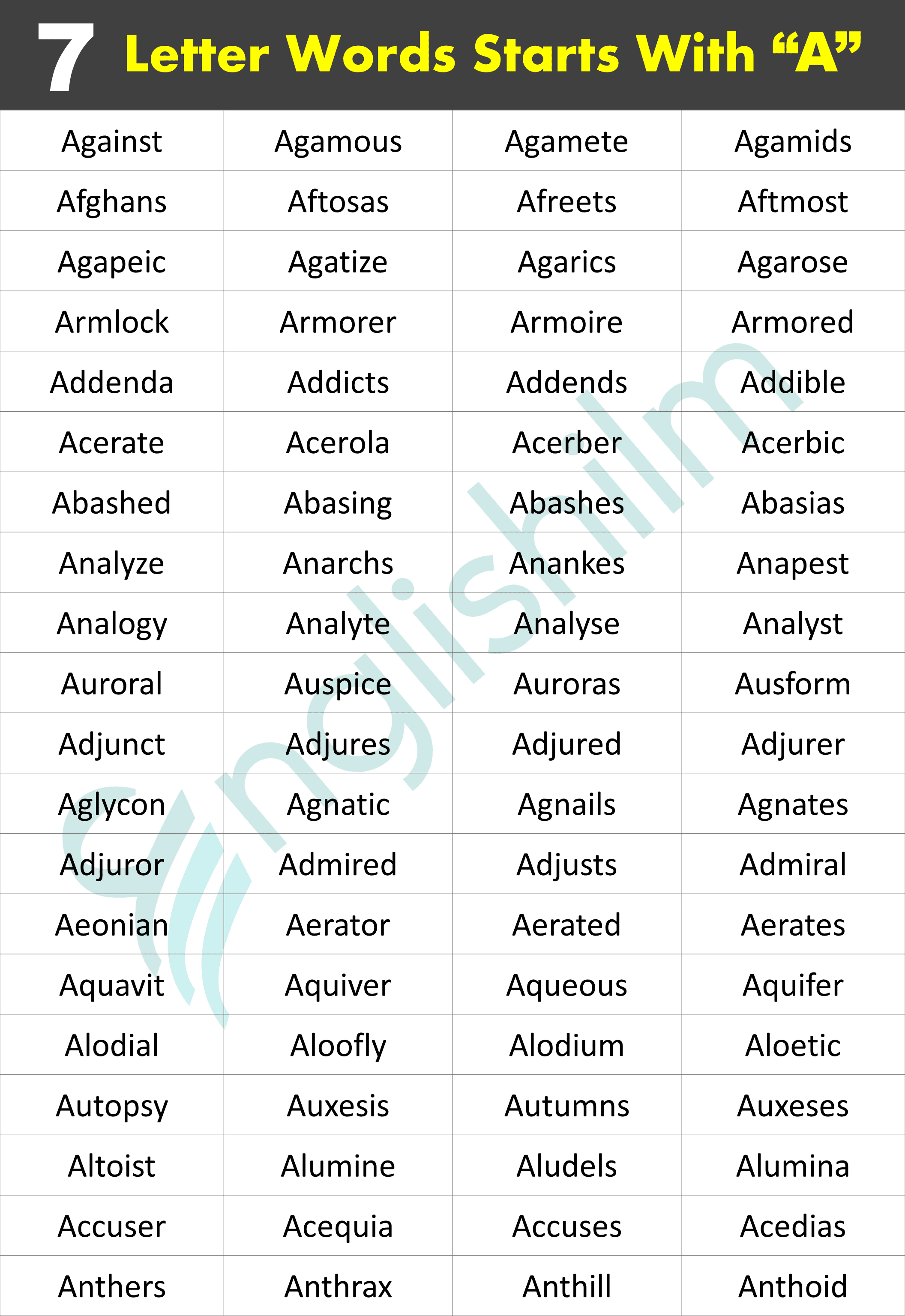 Seven (7) Letter Words Starts With "A" In English | PDF Book