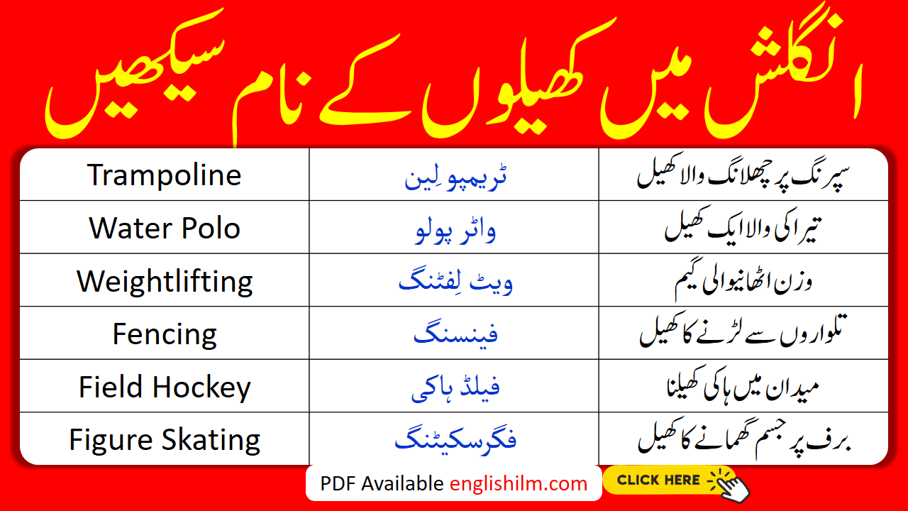 Sports Names in English with Urdu Meanings and PDF