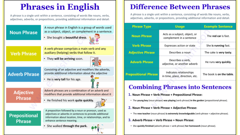 Phrases in English with Five Types and Example Sentences