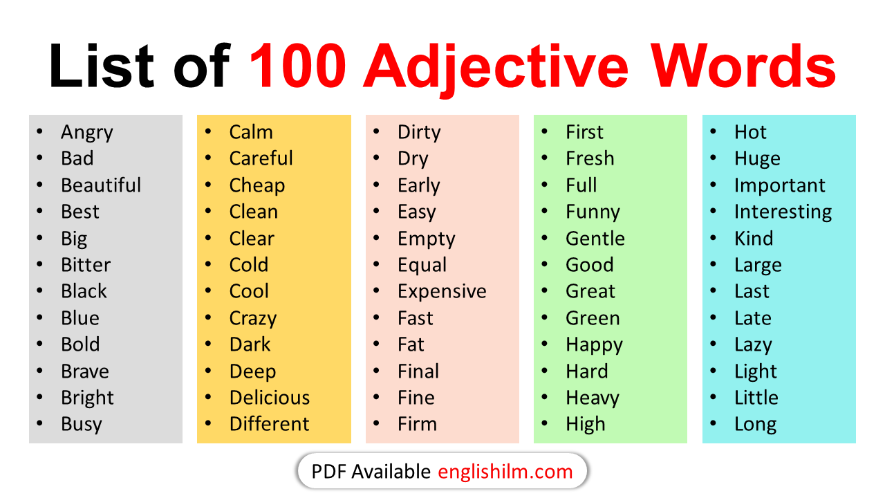 100 Basic Adjective Examples in English | Adjective Words • Englishilm