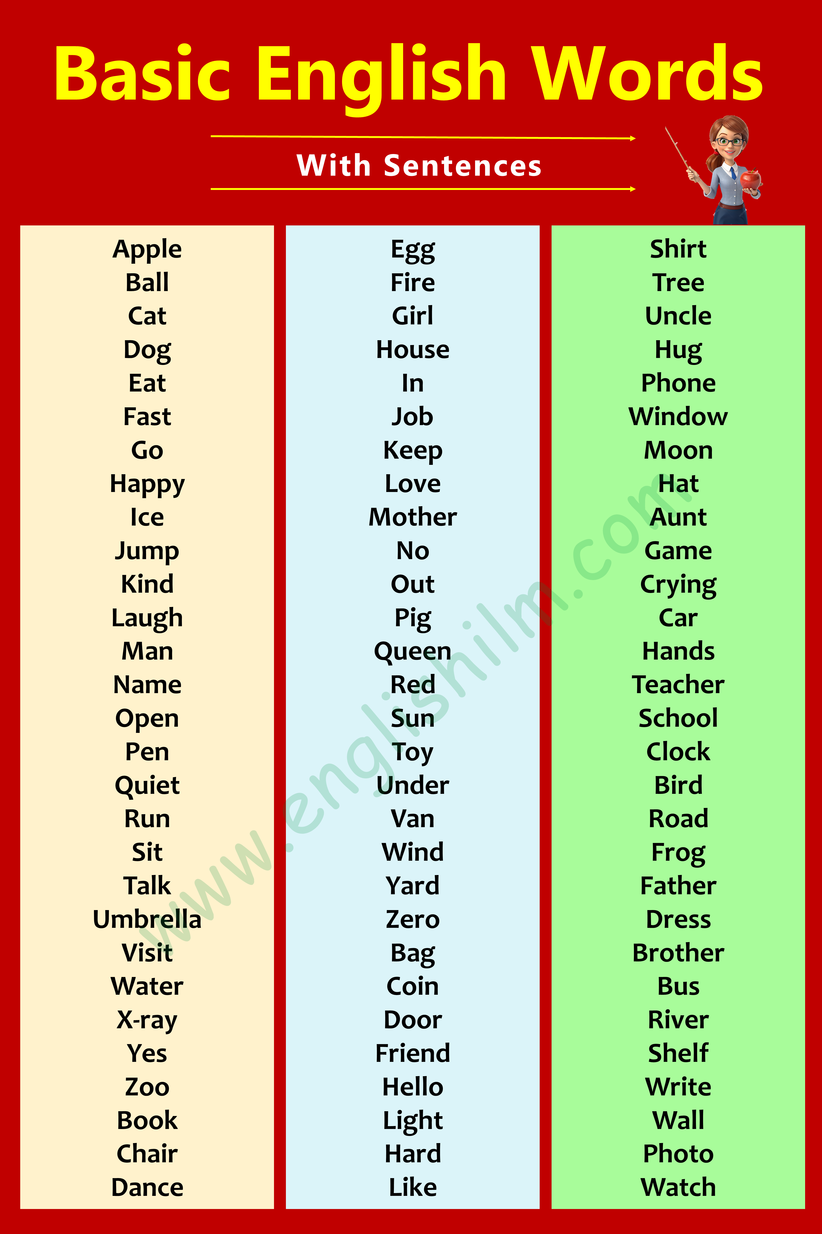 100 Basic English Words With Meanings And Sentences Englishilm