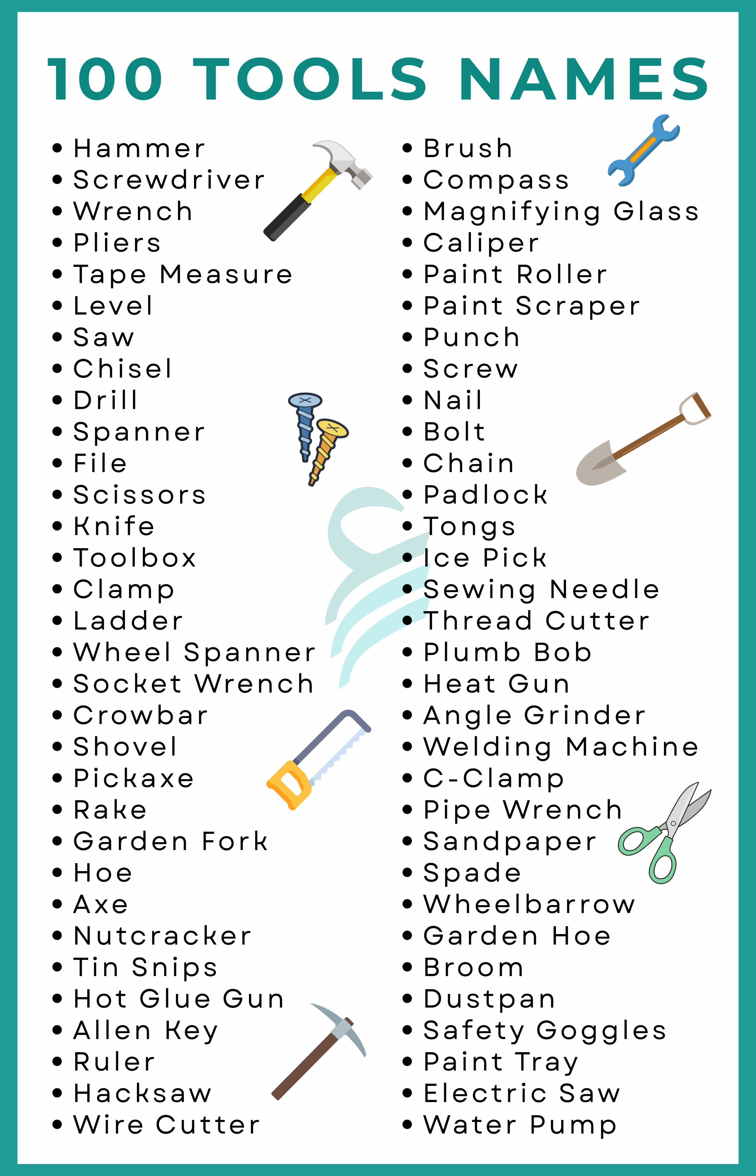 Tools Names in English with Their Pictures