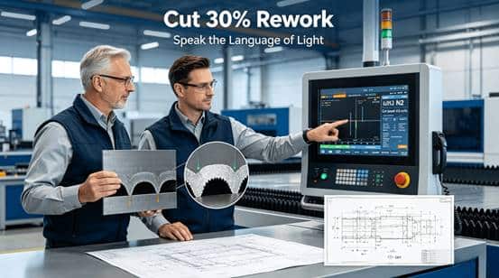 A manufacturing engineer holds a carbon steel laser-cut sample showing different edge qualities under magnification, comparing ambiguous and clear technical drawings, and pointing to real-time machine parameters, illustrating the power of precise technical language.