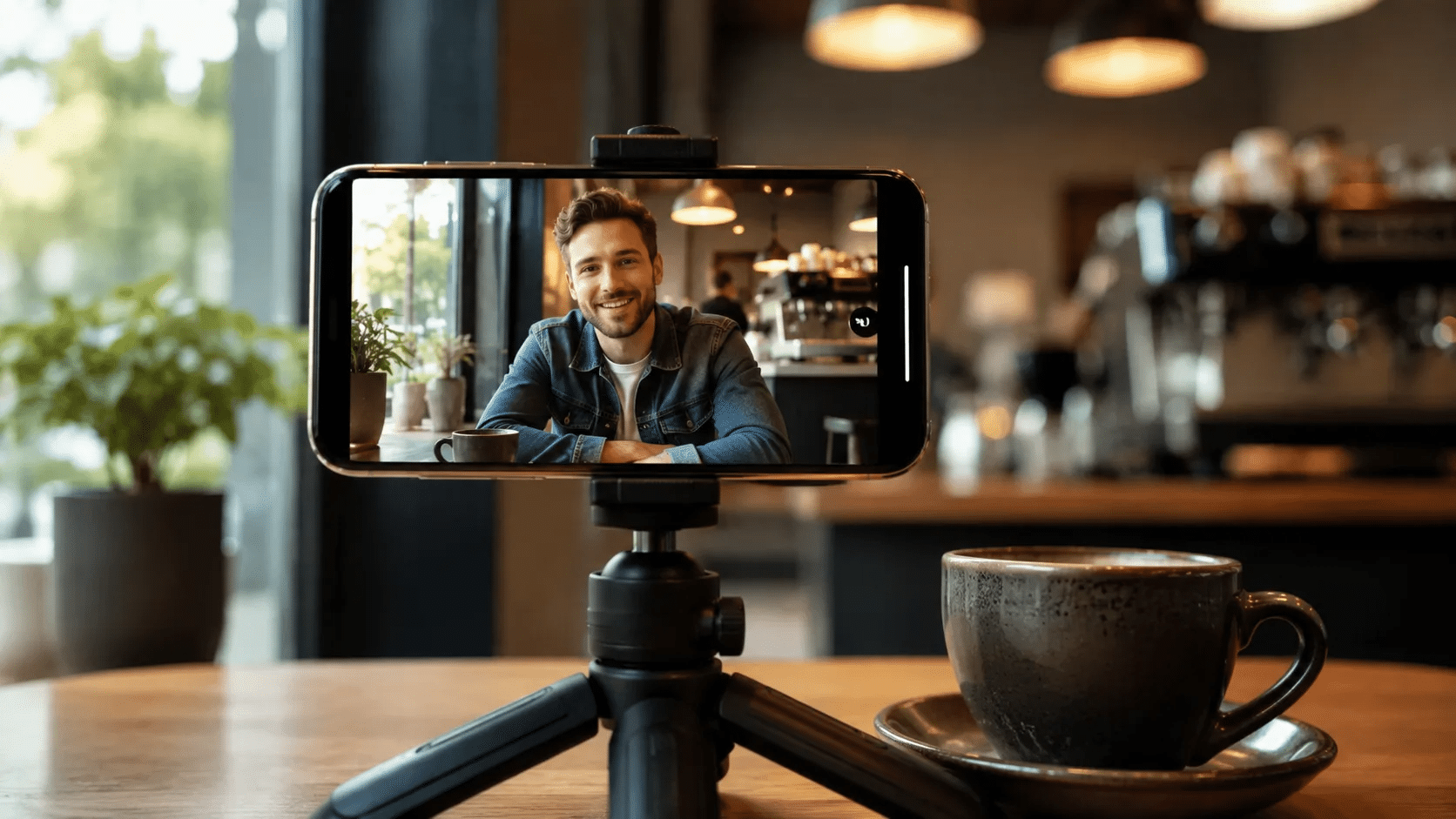 Smartphone on a small tripod taking a natural dating profile photo in a coffee shop