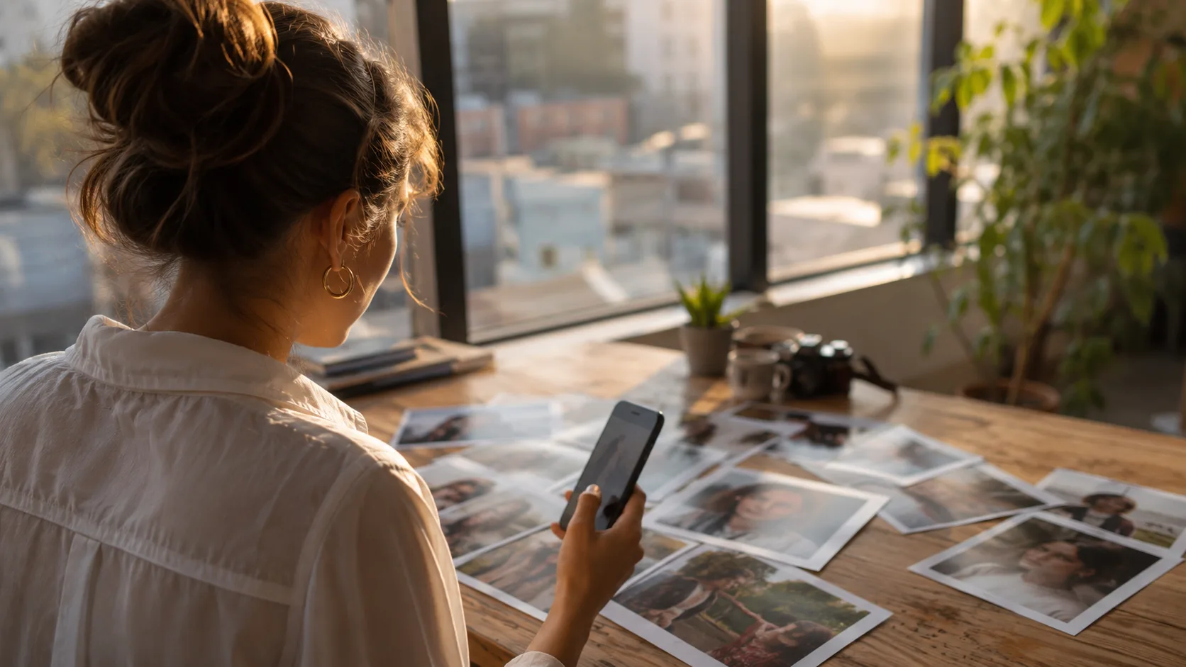 Woman choosing dating profile pictures on her phone beside a bright window